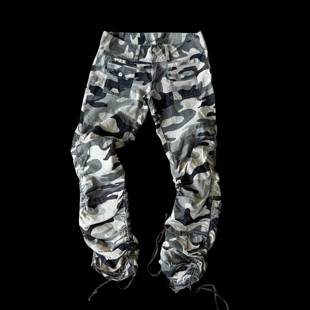 Younique Y2K Camo Cargo‎ Pants Grey Stacked Ruched Leg Drawstring Sz 27.5W